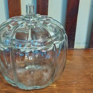 Clear Glass Pumpkin Jar Candy Cookie Canister w/ Lid Clear Glass Halloween (**)